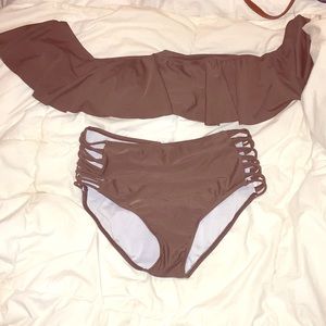 Brown off the shoulder high waisted bikini